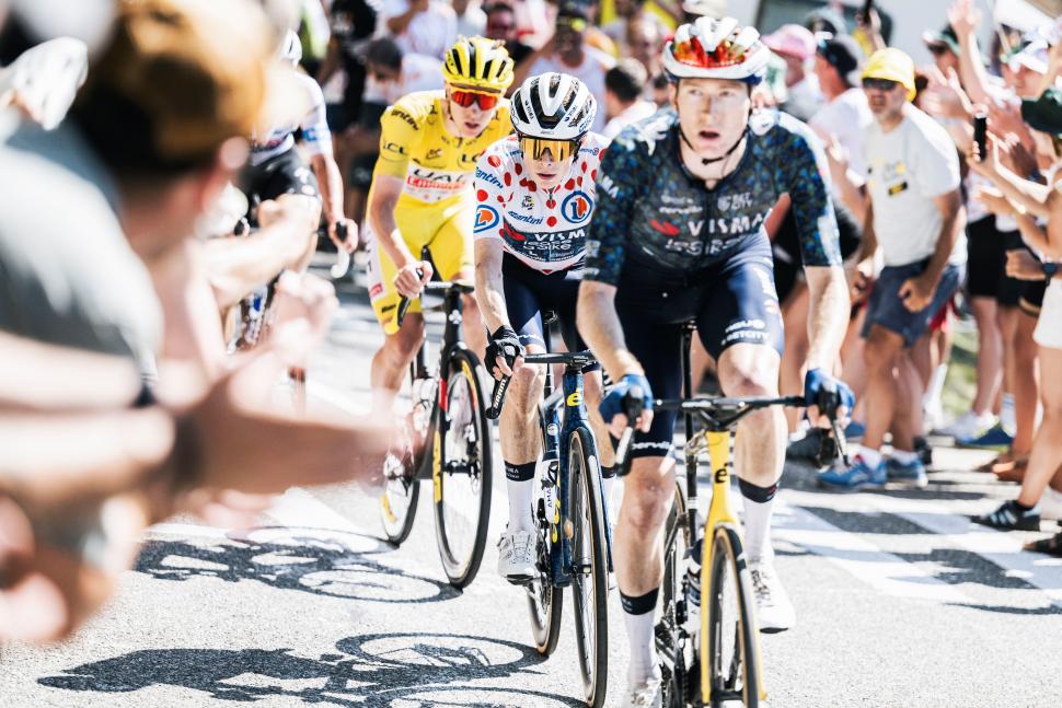 Tadej Pogačar, Jonas Vingegaard and Matteo Jorgenson climb at the 2024 Tour de France (ASO/Charly Lopez)