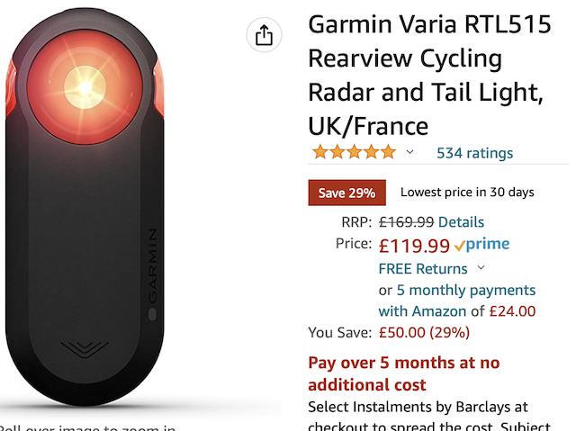 Garmin Varia RTL515 Rearview Radar with Tail Light for Cyclists - 20011156