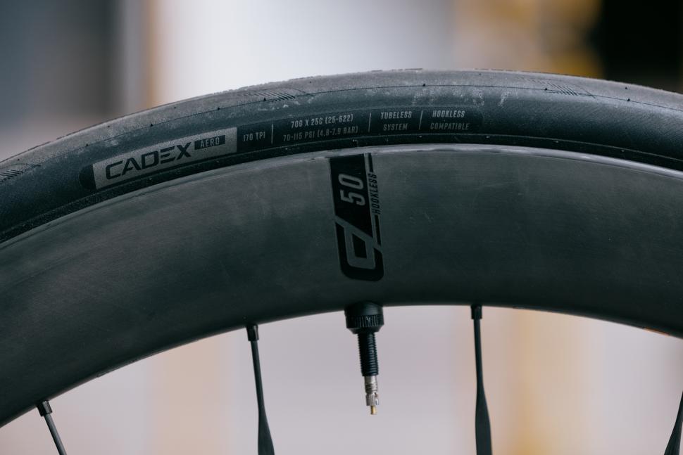 2022 Cadex 50 Ultra and aero tubeless tyre fitted close up