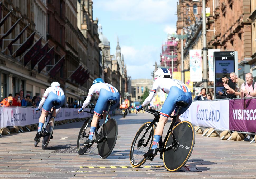 Elynor Backstedt, Pfeiffer Georgi and Anna Shackley of Great Britain, 2023 mixed relay world championships (Ian MacNicol/SWpix.com)