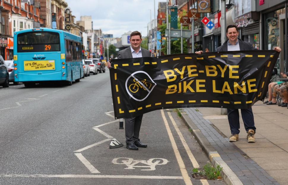 Labour mayor Chris Cooke and Conservative mayor Ben Houcham celebrate removal of Middlesbrough cycle lane, Linthorpe Road (Tees Valley Combined Authority)