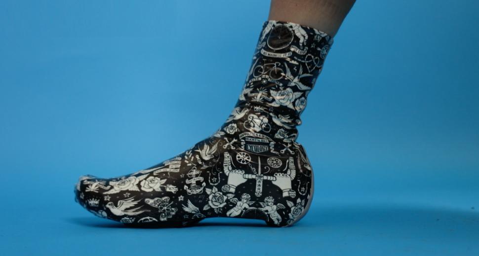 black and white patterned overshoes