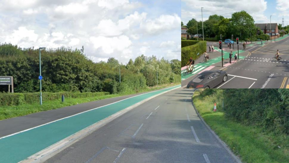 Pedal cycle lane on deals road at junction ahead