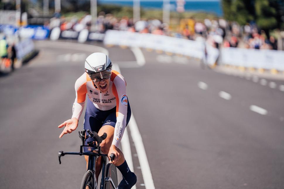 Ellen van Dijk celebrates winning 2022 UCI world time trial championships (Zac Williams/SWpix.com)