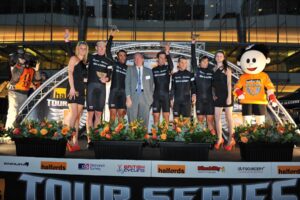 Rapha Condor Sharp on the Canary Wharf Podium (picture credit Halfords Tour Series)
