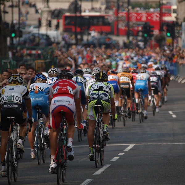 The peloton races up Whitehall during the London stage of the 2009 Tour of Britain