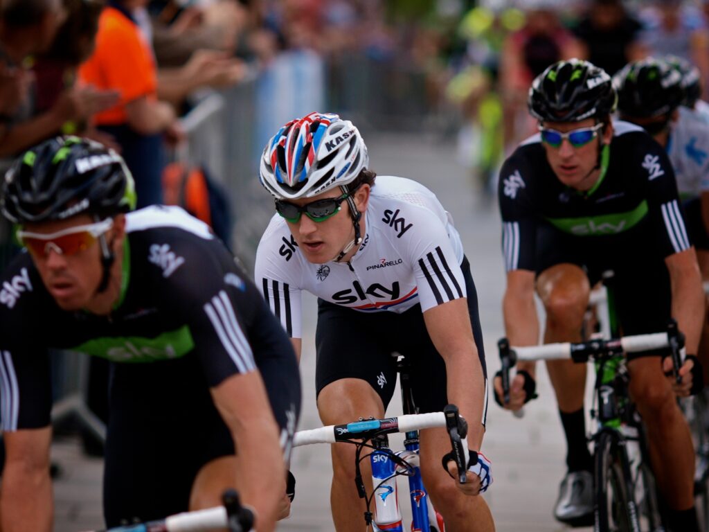 Geraint Thomas flies the British flag in the capital (copyright Simon MacMichael)