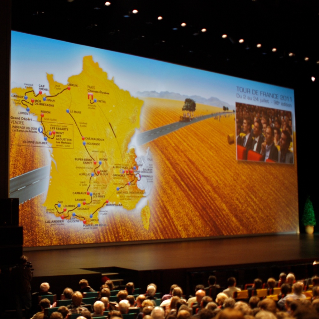 Riders watch as the 2011 Tour de France route is unveiled © Simon MacMichael