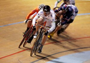 Sir Chris Hoy takes the keirin at Melbourne World Cup 2010.jpg