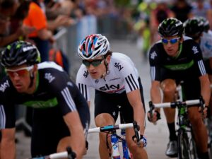 Geraint Thomas flies the British flag in the capital (copyright Simon MacMichael)