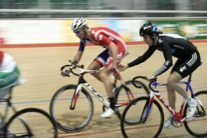 Geraint Thomas track day - Luke and Geraint Madison hand-off