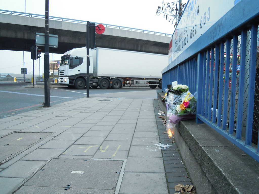Bow Roundabout lorry and flowers (credit- London Cycling Campaign under Creative Commons CC BY-SA 2.0)