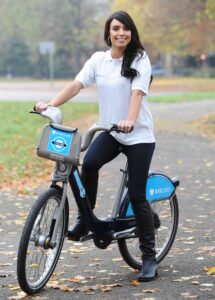 Christine Bleakley on Barclays Cycle Hire bike
