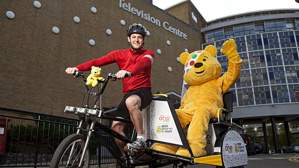 Matt Baker on his rickshaw outside BBC Television Centre