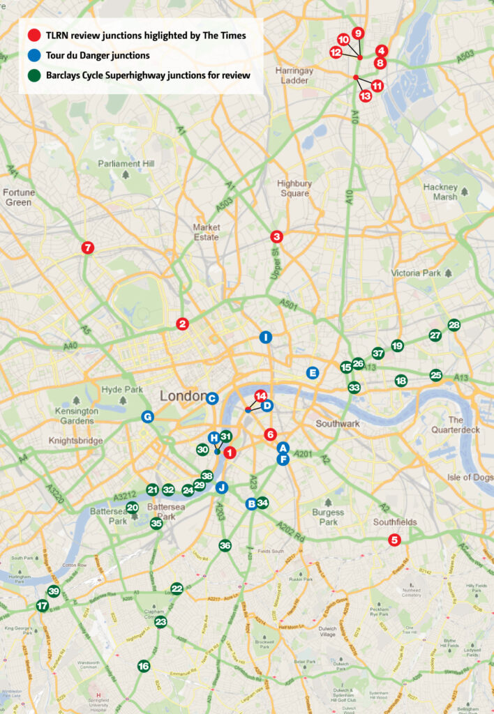 TfL Road Netowrk and BCS review vs Tour du Danger (click on map to enlarge)