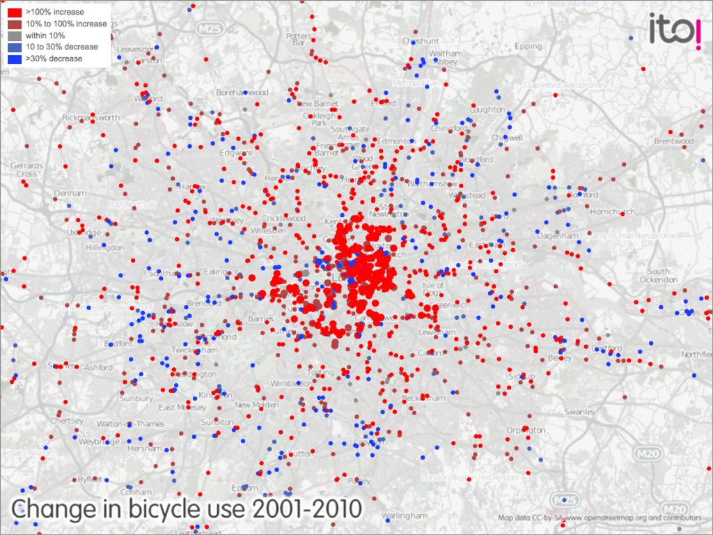 London bicycle use 2001-10 (graphic ITO World)