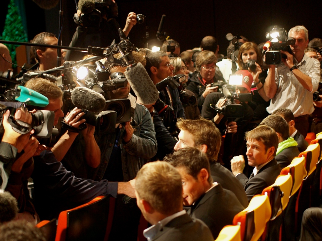 Andy Schleck faces the press at the 2011 Tour de France Presentation © Simon MacMichael