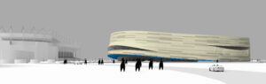 Derby Multi Sports Arena exterior with Pride Park Stadium (image and design &copy; FaulknerBrowns Architects)