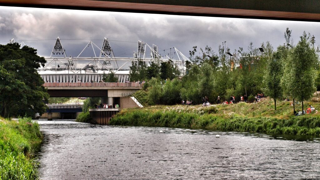 River Lea and Olympic Stadium (copyright Simon MacMichael)