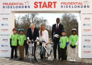 Prudential RideLondon launch, Boris Johnson, Laura Trott and Tidjane Thiam with schoolchildren