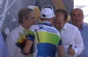 Simon Gerrans TDF podium (Orica GreenEdge YouTube still)