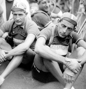 Gino Bartali (L) with great rival Fausto Coppi (CC licensed by Tsuru1111:Flickr)