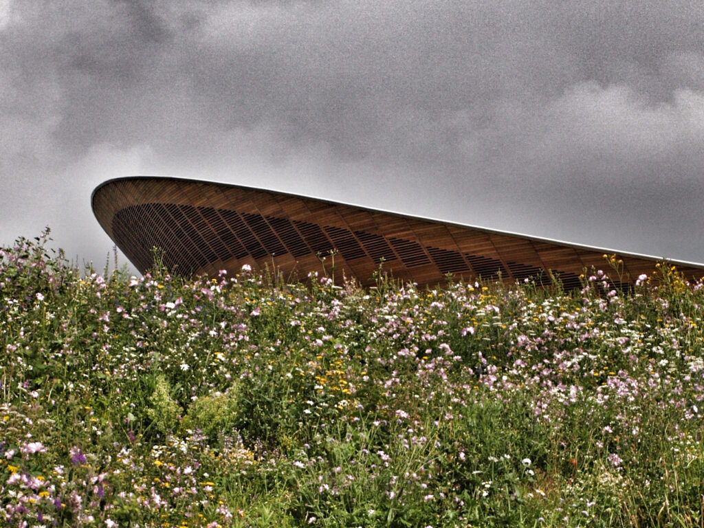 Olympic Velodrome and flowers (copyright Simon MacMichael)
