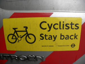 Cyclists stay back sticker (CC licensed image by happy days photos and art:Flickr)