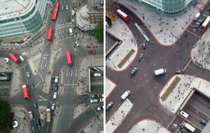 Euston Circus in 2004 (left) and 2014 (right) (picture TfL)