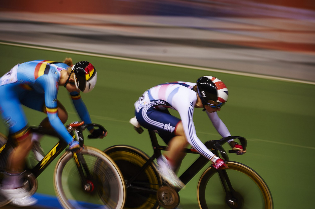 Laura Trott in the elimination race at Cali World Championships, 2014 (copyright Britishcycling.org.uk)