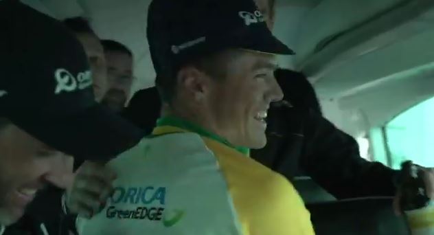 Simon Gerrans on Orica-GreenEdge bus after winning 2014 Liege Bastogne Liege
