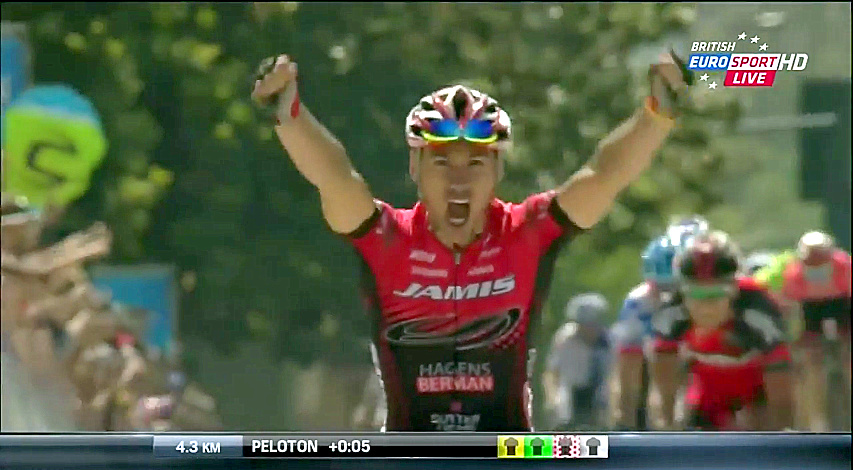 Eloy Teruel Tour of California victory celebration (source Eurosport)