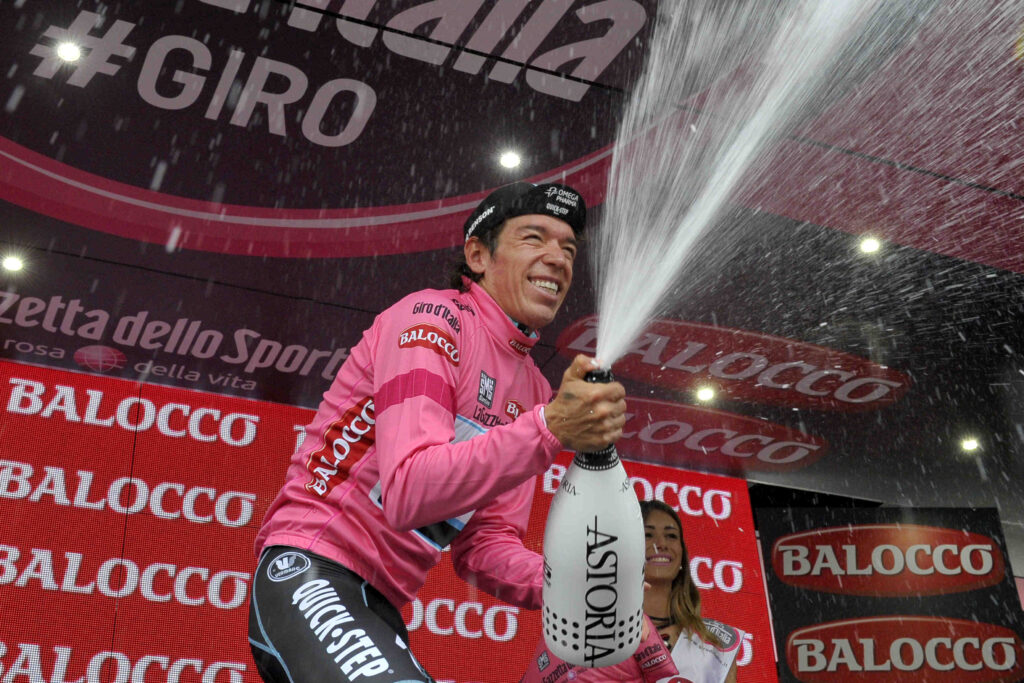Rigoberto Uran celebrates after winning 2014 Giro Stage 12 – picture credit LaPresse