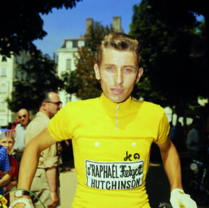 Jacques Anquetil in the yellow jersey (picture courtesy Le Coq Sportif)