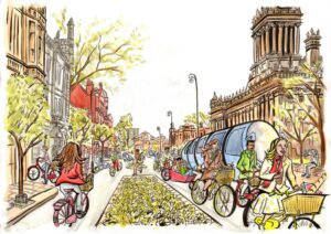 Leeds Cycling Campaign's vision of a cycling-friendly Headrow (illustration by Emma Chinnery)