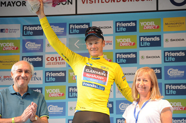 Dylan van Baarle in leader’s jersey 2014 Friends Life Tour of Britain (picture credit SweetSpot)
