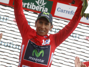 Nairo Quintana in Vuelta leader’s jersey after Stage 9 2014 (pic Unipublic, Graham Watson)