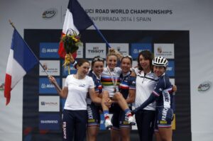 Ponferrada 2014 France celebrate Pauline Ferrand Prevot win, pic Javier Lizon, ESE