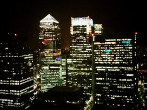 Canary Wharf at night (copyright Simon MacMichael)