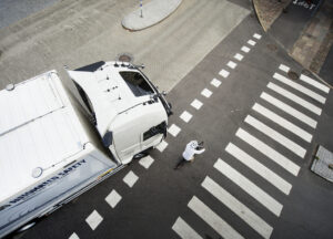 Volvo truck and cyclist