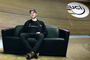 Matthias Braendle enjoys a well-earned spell on a comfy sofa after breaking the Hour Record