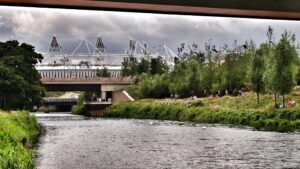 River Lea and Olympic Stadium (copyright Simon MacMichael)