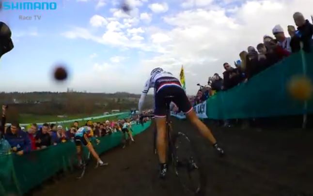 Katie Compton Milton Keynes WC CX on-board camera (pic – Shimano Race TV YouTube still)