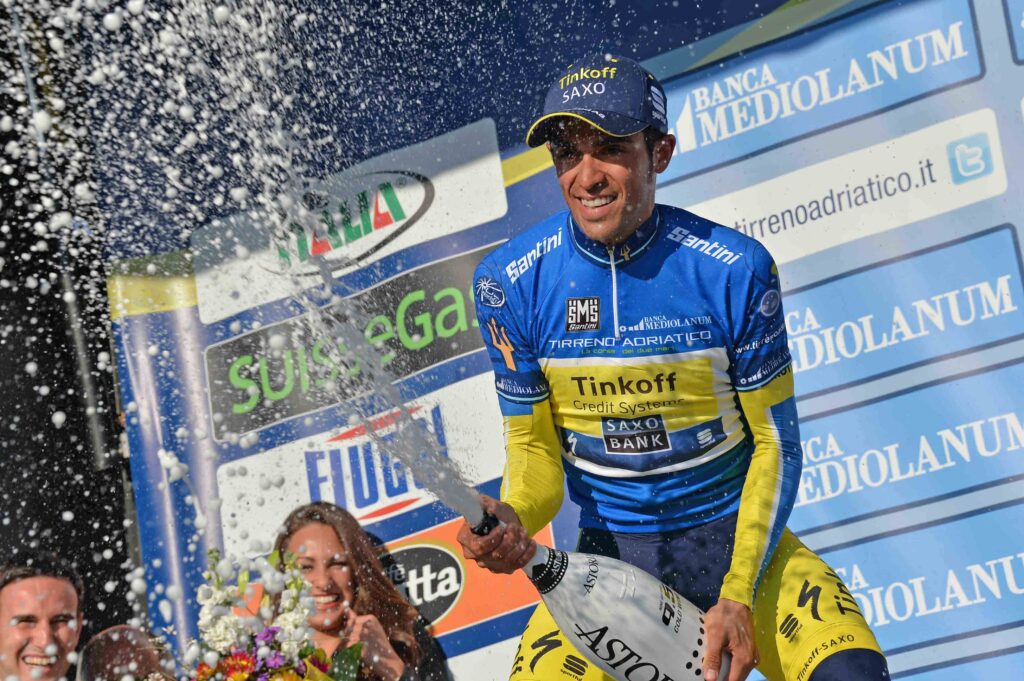 Alberto Contador in 2014 Tirreno leaders’ jersey (picture LaPresse)