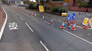 The coned-off lane along Newarke Street, Leicester (Google Streetview)