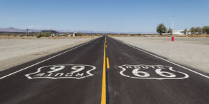 Route 66 at Amboy, California, licensed by Dietmar Radich under CC BY-SA 4.0