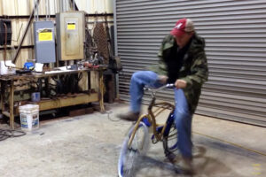 Destin Sandler battles with the reverse-steering bike