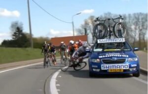 Jesse Sergent knocked off bike at Tour of Flanders (YouTube still)