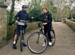 Nicola Sturgeon interviewed on bike (source Nicola Sturgeon Twitter, image cropped)