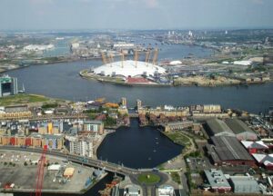 Greenwich Peninsula (licensed CC BY SA 3.0 on Wikimedia Commons by James Gibbon)
